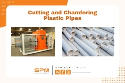 Machine cutting and chamfering plastic pipes in factory.